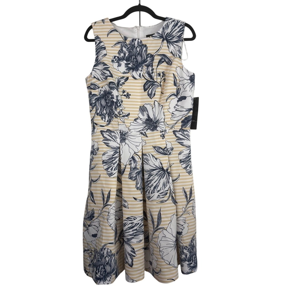 R&K Navy Yellow Floral Striped Sleeveless Pocket Dress 1851383J Womens 12 NEW